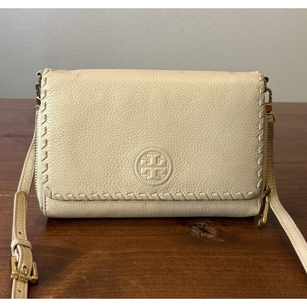 Tory Burch Marion Flat Wallet Crossbody Women's Beige Whipstitch Pebbled Leather